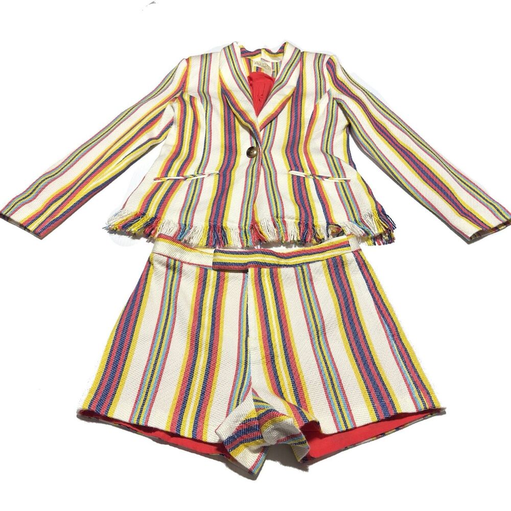 Judith March Blazer Jacket & shorts Matching Set Size S Striped Co-Ord Fringe